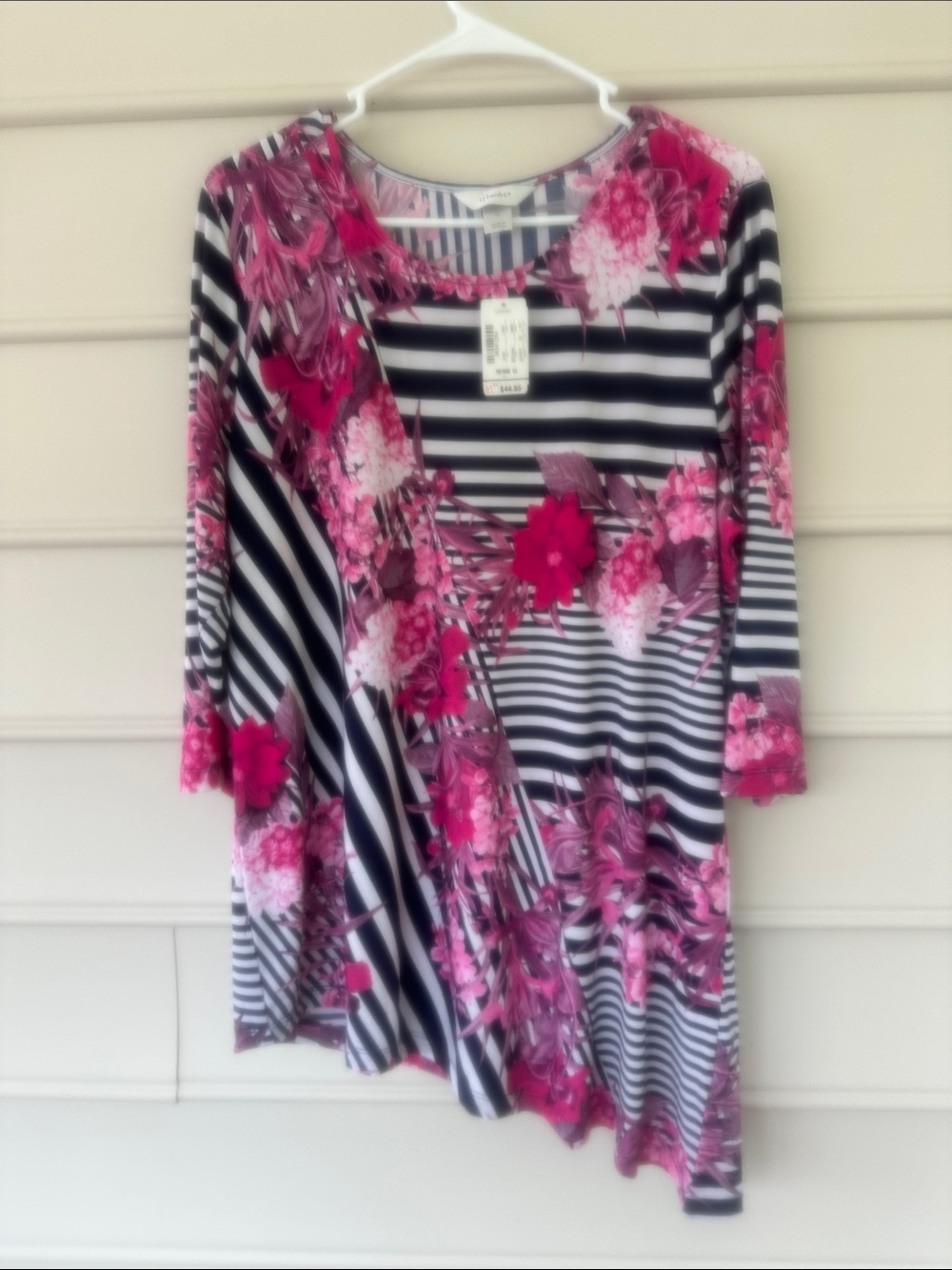 CJ Banks  Striped Tunic with magenta & purple Floral Accents